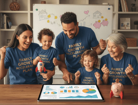 Family gathered around a tablet displaying colorful charts, celebrating while wearing matching blue shirts.