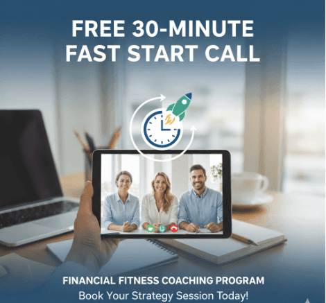 Hand holding tablet with video call, advert for free 30-minute financial fitness coaching session.